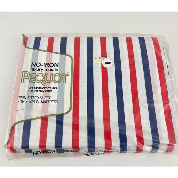 Vtg  Spring Mills Pequot Red White  Blue Striped Twin Fitted Sheet Luxury Muslin - Picture 1 of 4